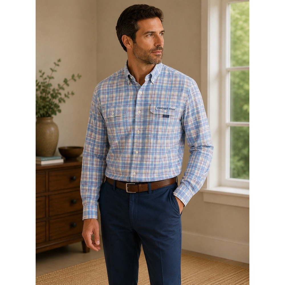 Vineyard Vines Shirt Mens XL Blue Plaid Harbor Vented Performance Fishing